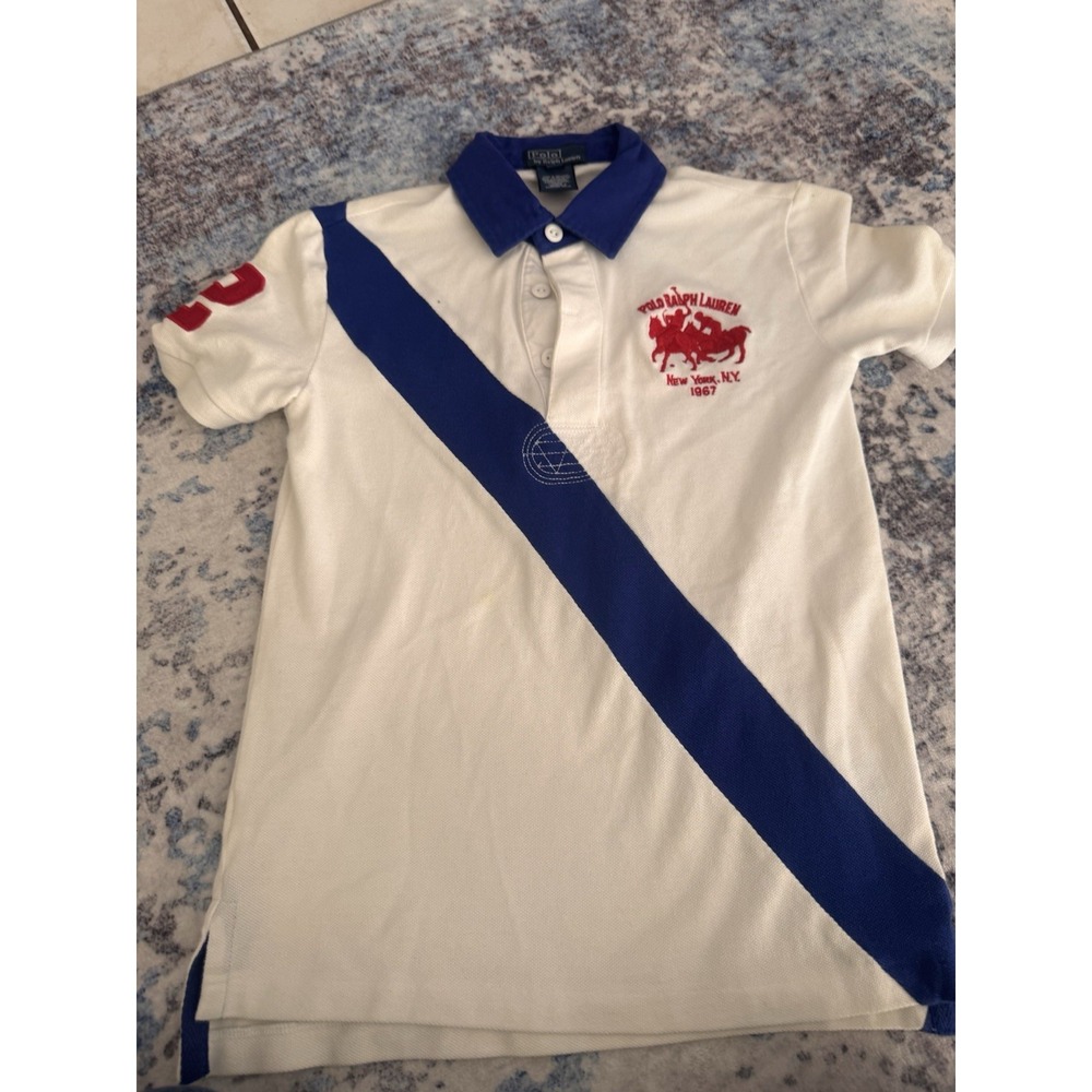 Vintage Ralph Lauren Polo Shirt Boys 7 White Blue Diagonal Stripe Double Pony